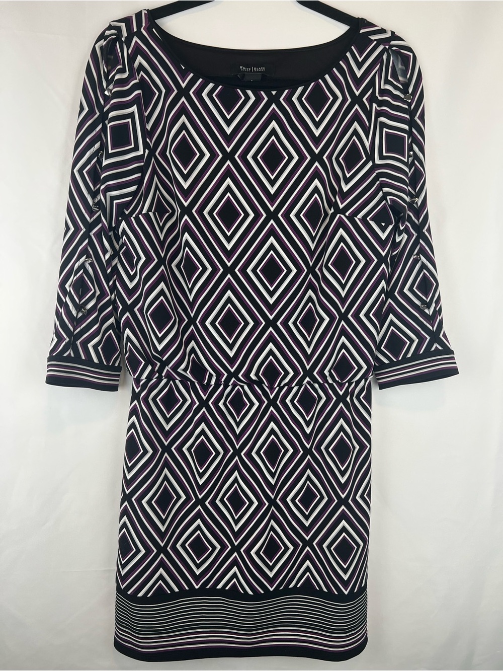 White House Black Market Black, White & Purple Geometric Long Sleeve Dress